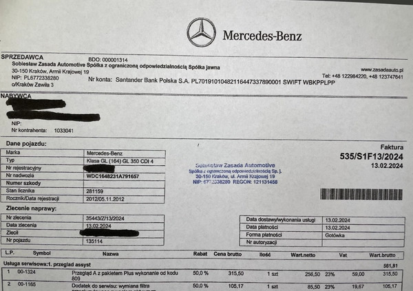 Mercedes-Benz GL cena 95000 przebieg: 282800, rok produkcji 2012 z Kraków małe 137